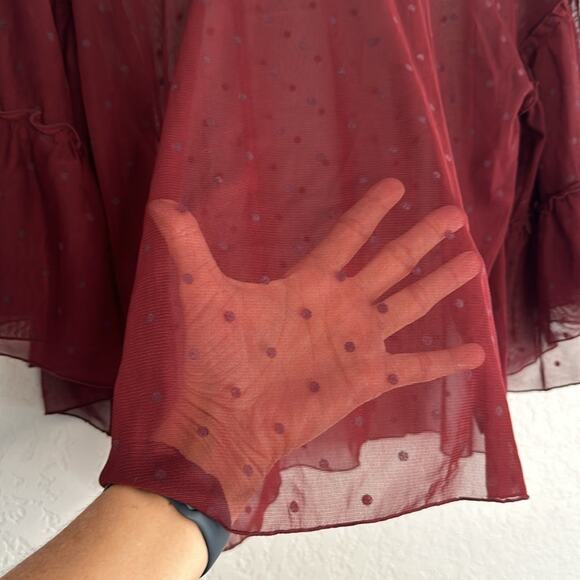 Express Sheer Fairy Top Polka Dot Burgundy Dark Vampire Fall Whimsigoth Large - Picture 2 of 5